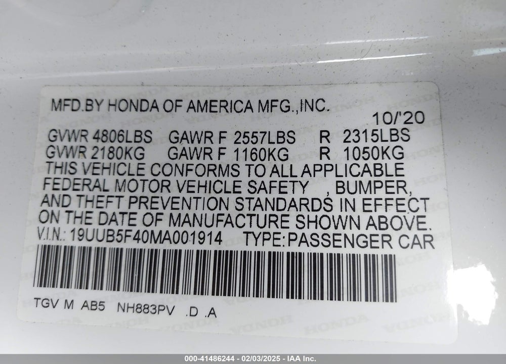 2021 ACURA TLX VIN: 19UUB5F40MA001914