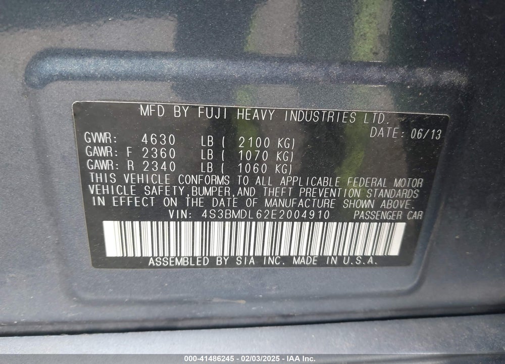 2014 SUBARU LEGACY VIN: 4S3BMDL62E2004910