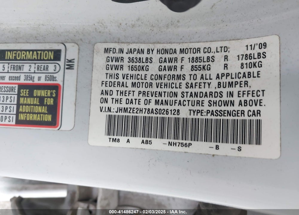 2010 HONDA INSIGHT VIN: JHMZE2H78AS026128