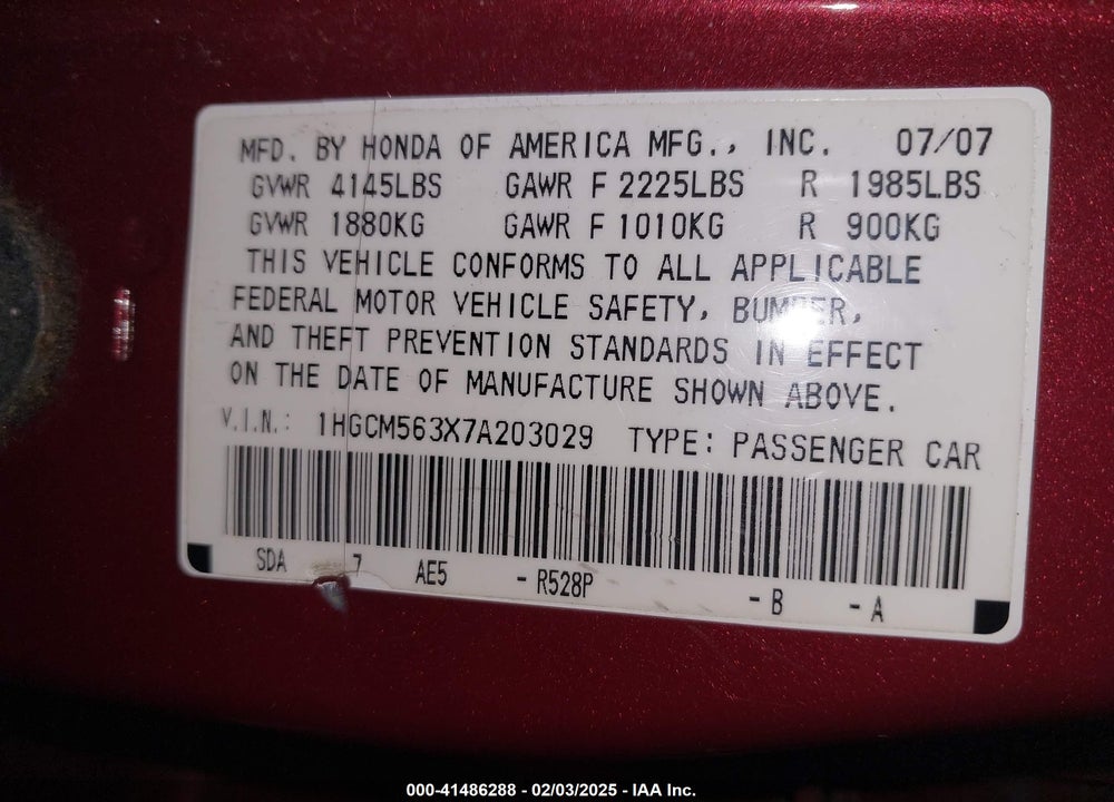 2007 HONDA ACCORD VIN: 1HGCM563X7A203029