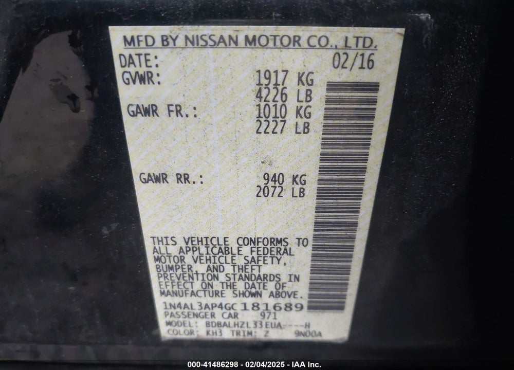 2016 NISSAN ALTIMA VIN: 1N4AL3AP4GC181689