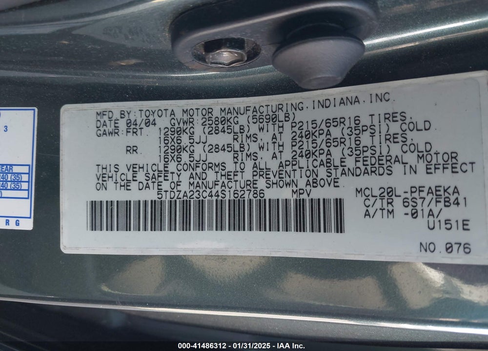 2004 TOYOTA SIENNA LE VIN: 5TDZA23C44S162786