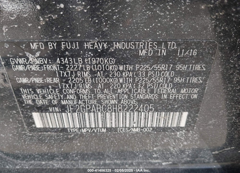 2017 SUBARU CROSSTREK 2.0I PREMIUM VIN: JF2GPABC8H8222405
