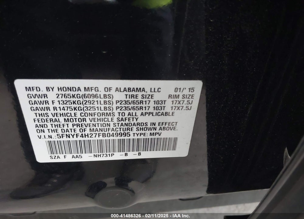 2015 HONDA PILOT LX VIN: 5FNYF4H27FB049995