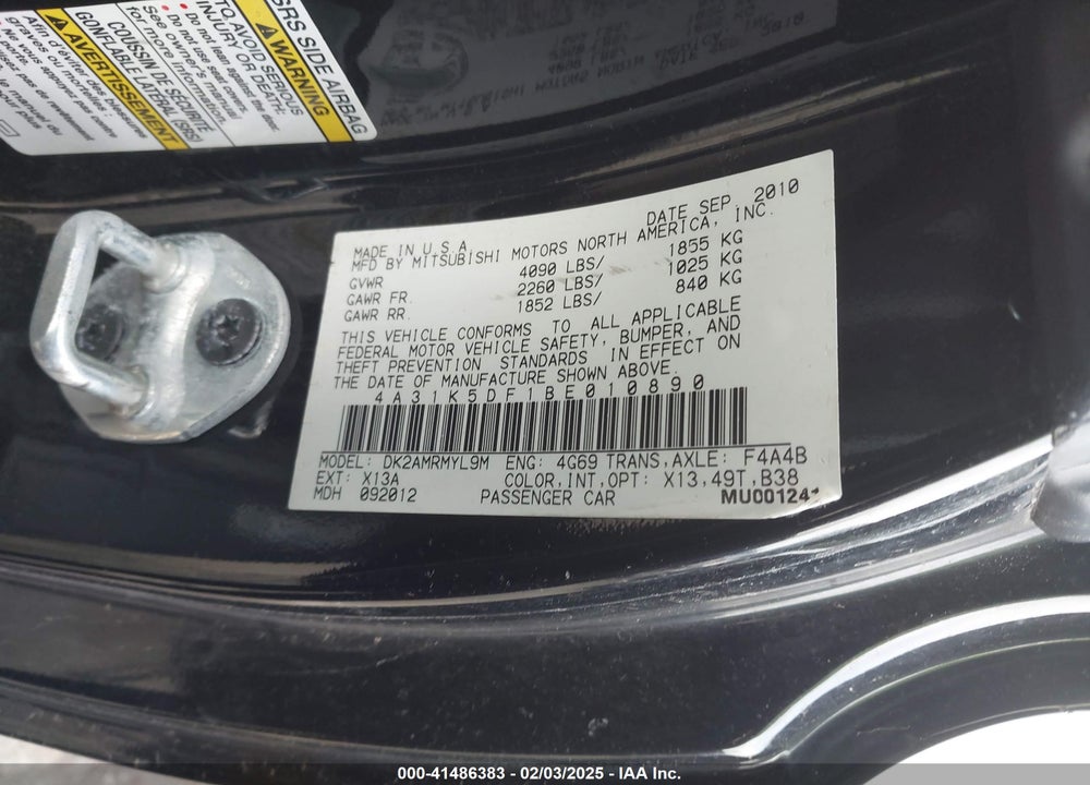 2011 MITSUBISHI ECLIPSE GS/GS SPORT VIN: 4A31K5DF1BE010890