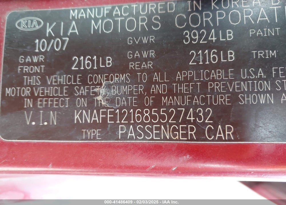 2008 KIA SPECTRA VIN: KNAFE121685527432