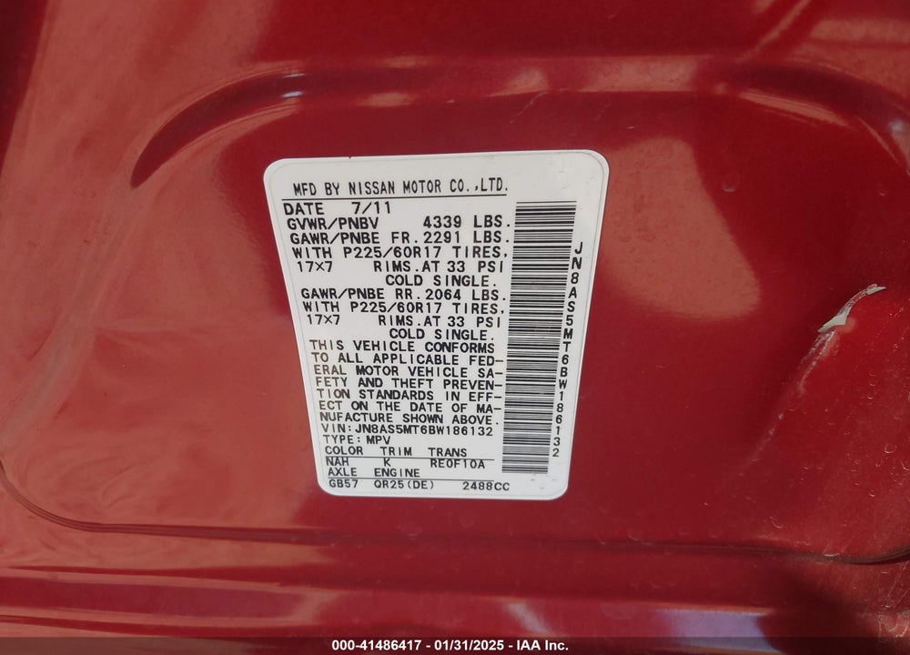 2011 NISSAN ROGUE SV VIN: JN8AS5MT6BW186132