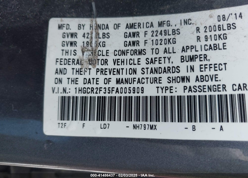 2015 HONDA ACCORD LX VIN: 1HGCR2F35FA005909