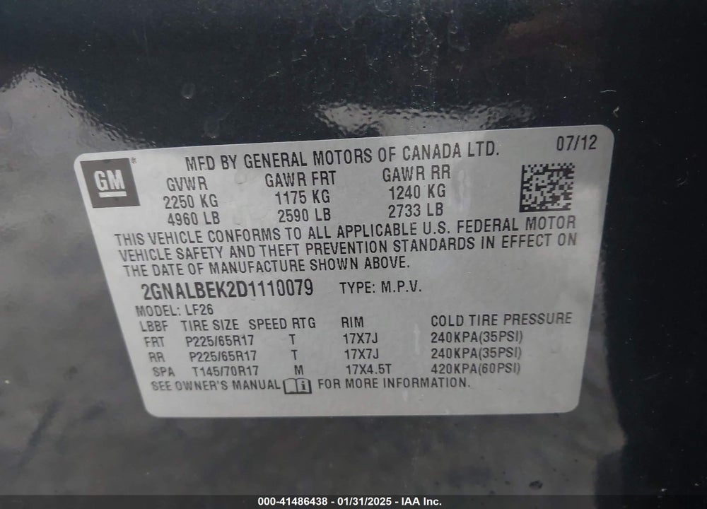 2013 CHEVROLET EQUINOX LS VIN: 2GNALBEK2D1110079