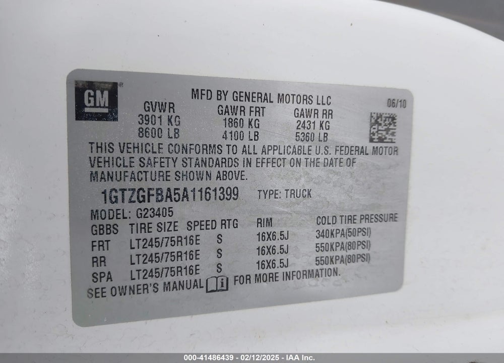 2010 GMC SAVANA 2500 WORK VAN VIN: 1GTZGFBA5A1161399