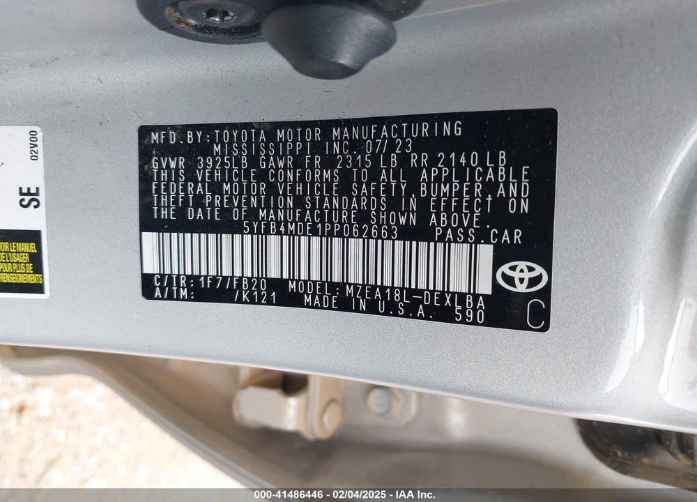 2023 TOYOTA COROLLA VIN: 5YFB4MDE1PP062663