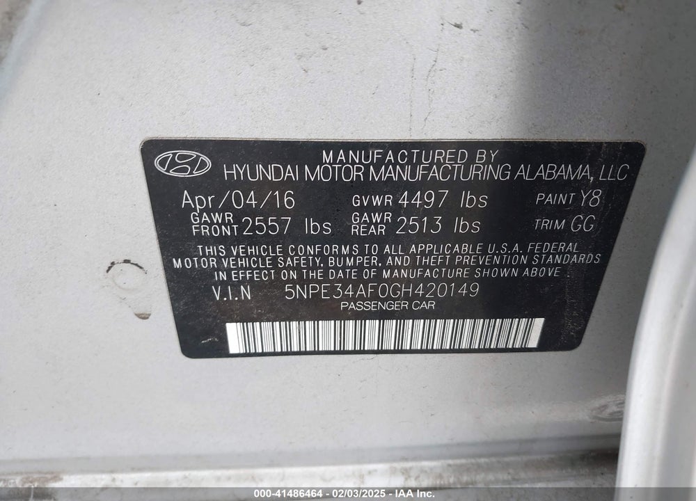2016 HYUNDAI SONATA SPORT VIN: 5NPE34AF0GH420149