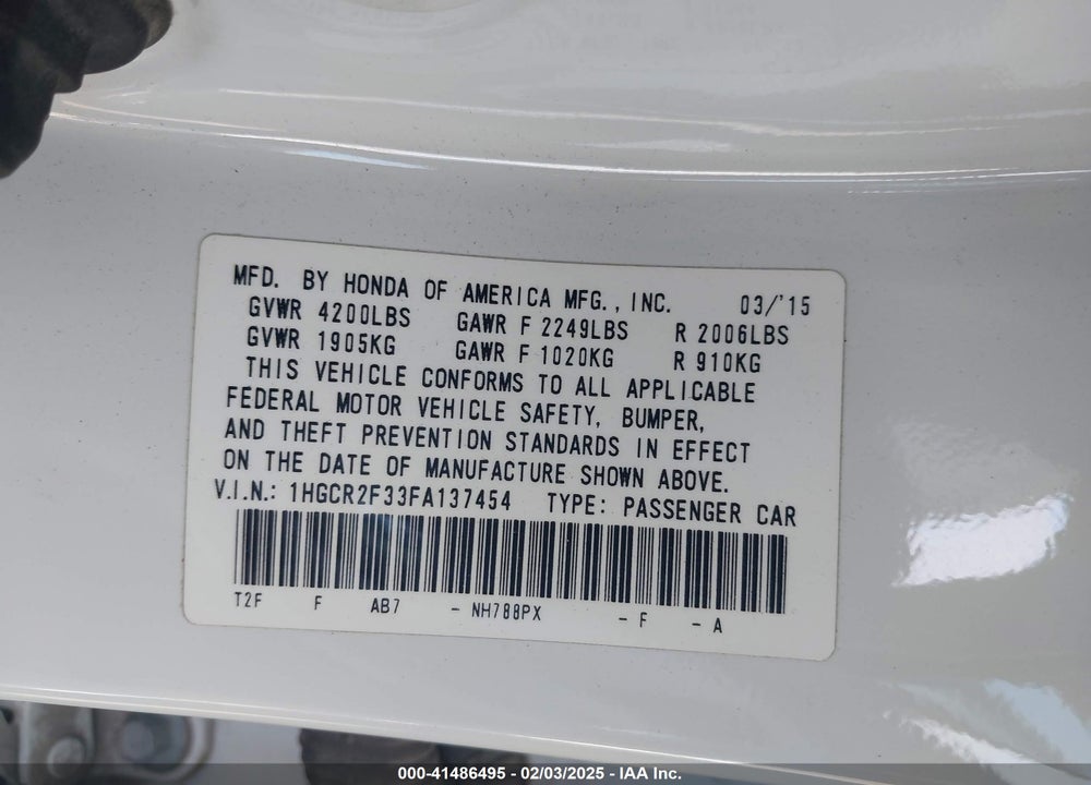 2015 HONDA ACCORD VIN: 1HGCR2F33FA137454