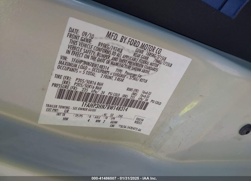 2011 FORD FOCUS SEL VIN: 1FAHP3HN7BW148314