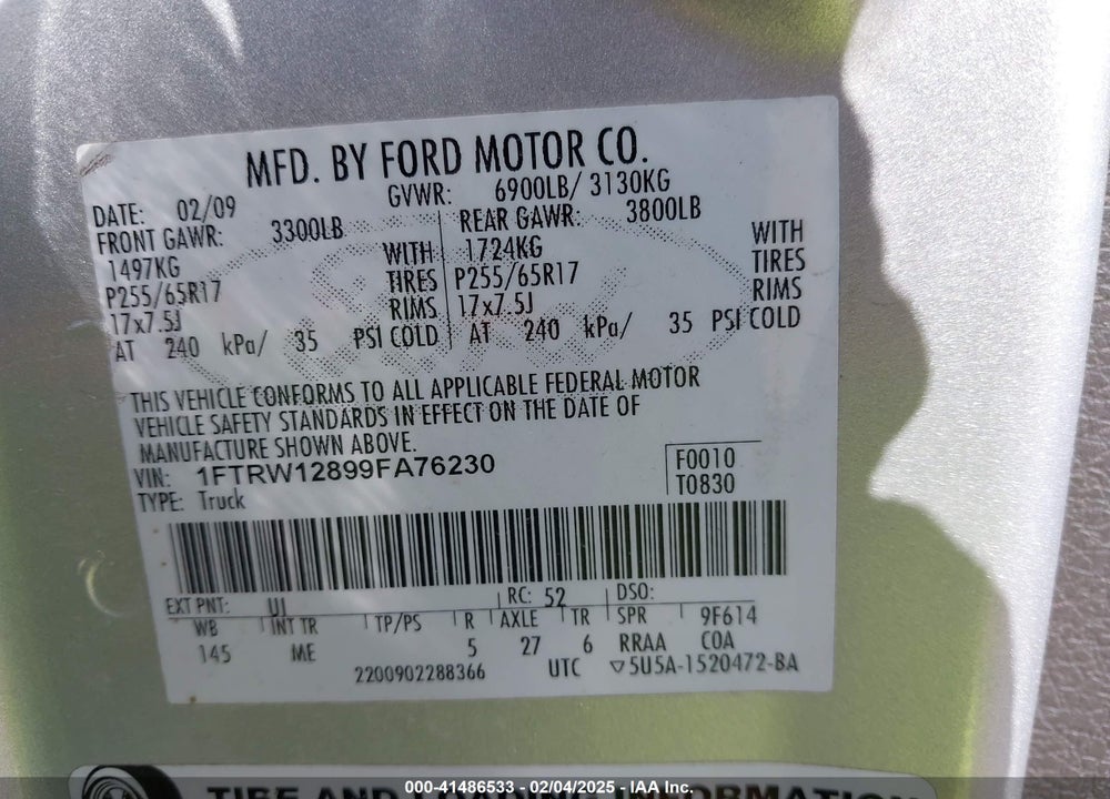 2009 FORD F-150 XL/XLT VIN: 1FTRW12899FA76230
