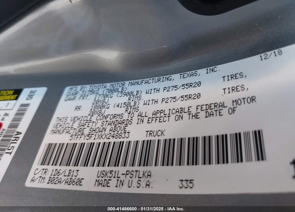 2019 TOYOTA TUNDRA VIN: 5TFFY5F1XKX248833