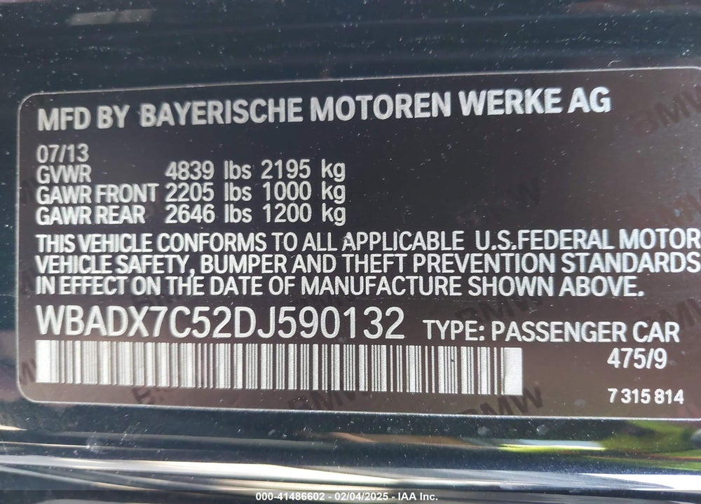 2013 BMW 335 VIN: WBADX7C52DJ590132