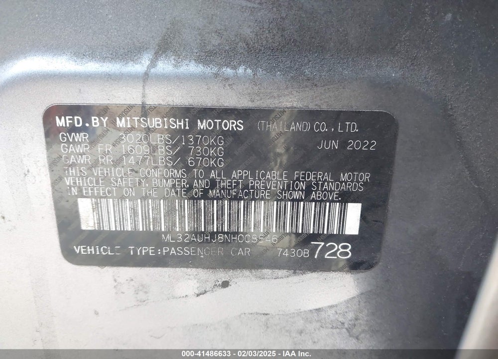 2022 MITSUBISHI MIRAGE VIN: ML32AUHJ8NH008546