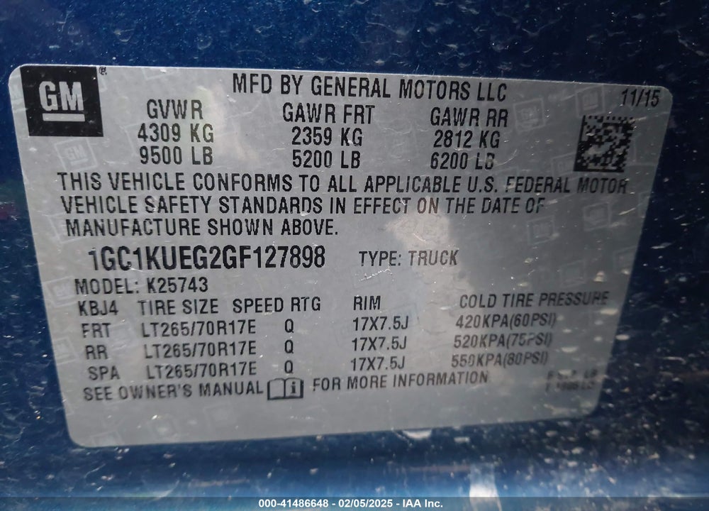 2016 CHEVROLET SILVERADO VIN: 1GC1KUEG2GF127898