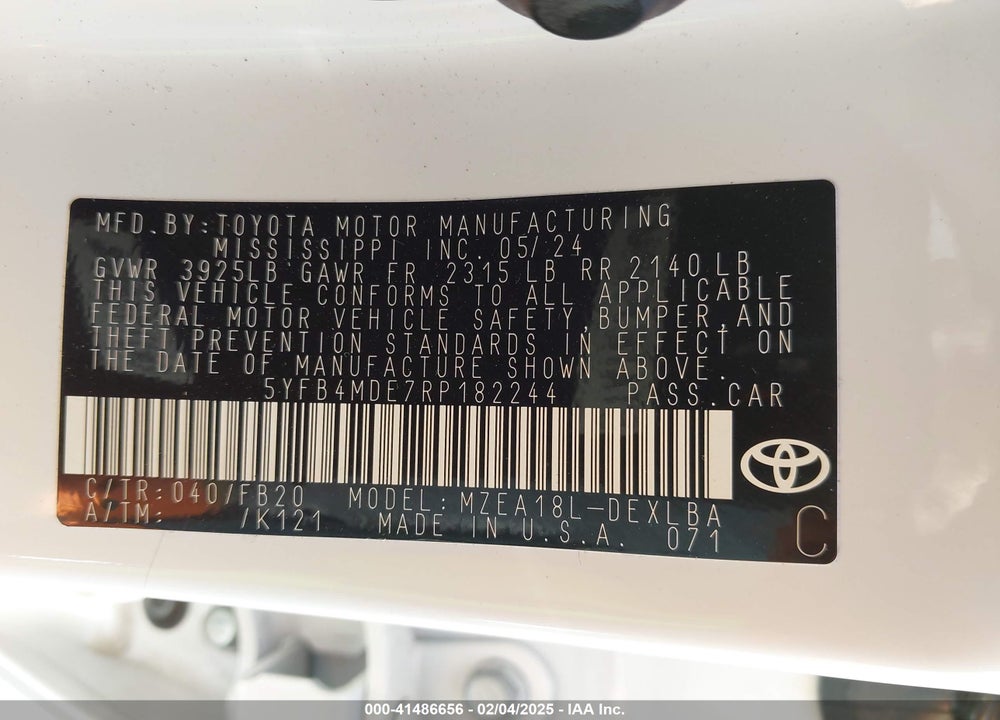 2024 TOYOTA COROLLA VIN: 5YFB4MDE7RP182244
