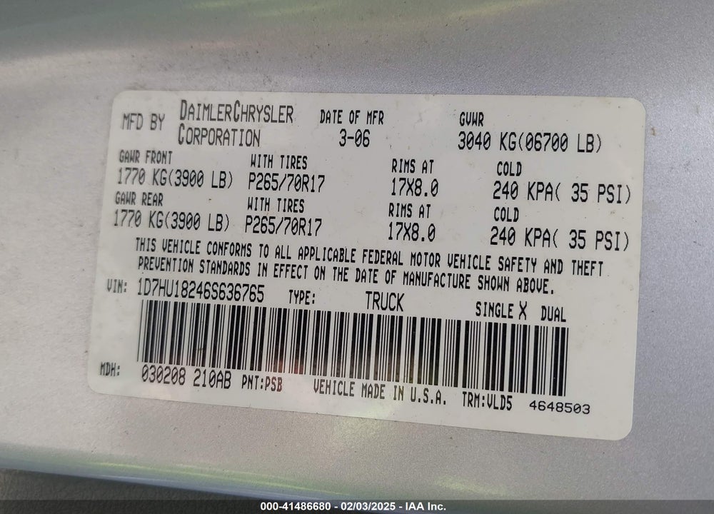 2006 DODGE RAM 1500 LARAMIE VIN: 1D7HU18246S636765