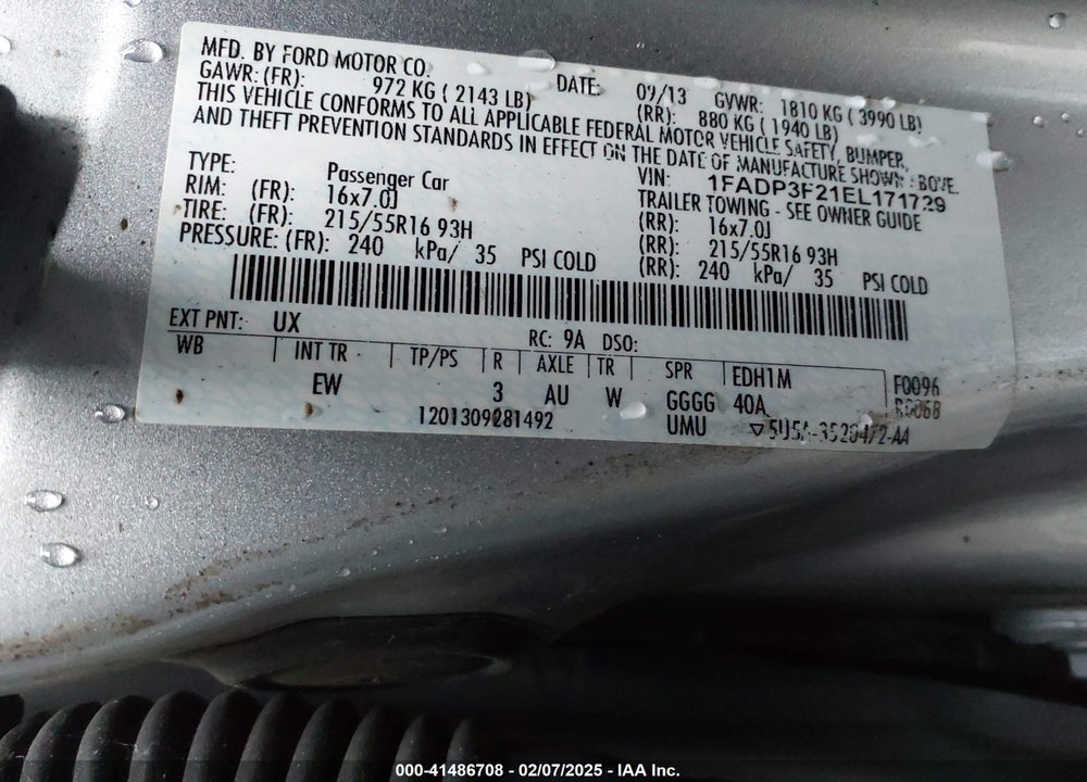 2014 FORD FOCUS VIN: 1FADP3F21EL171729