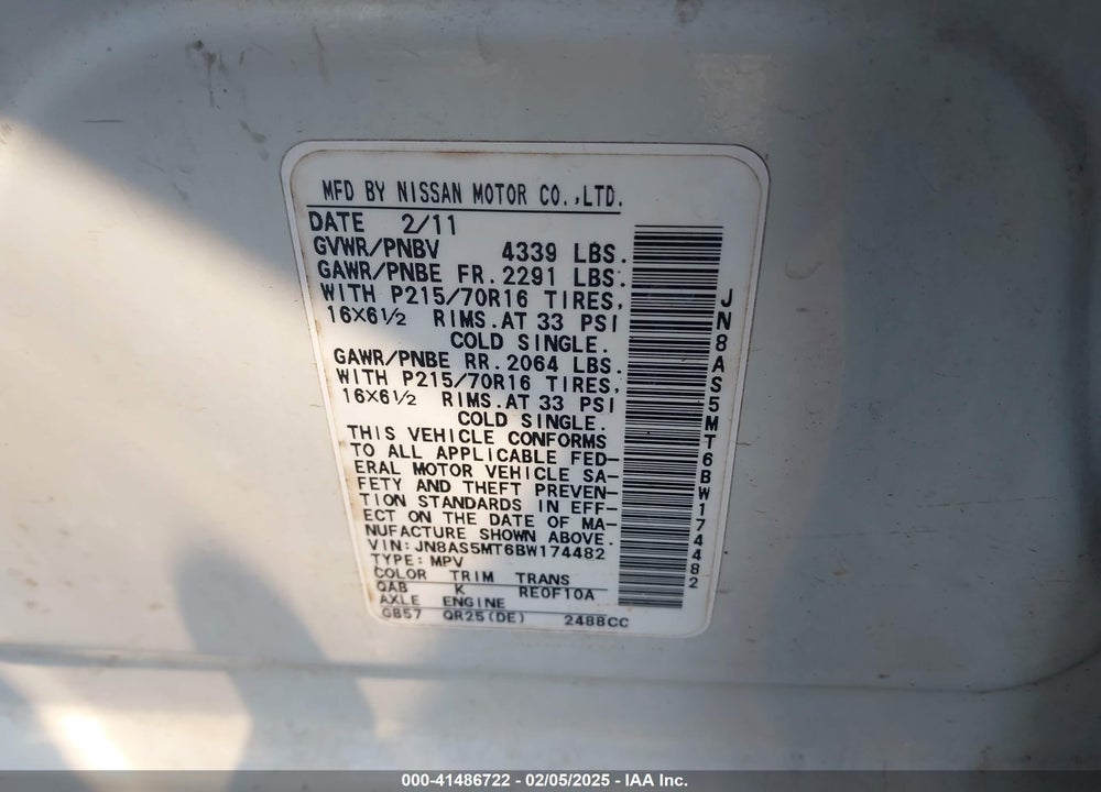 2011 NISSAN ROGUE VIN: JN8AS5MT6BW174482