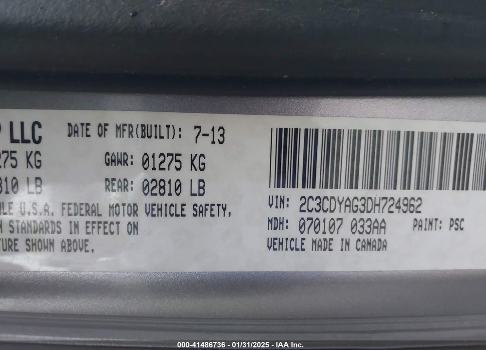 2013 DODGE CHALLENGER VIN: 2C3CDYAG3DH724962