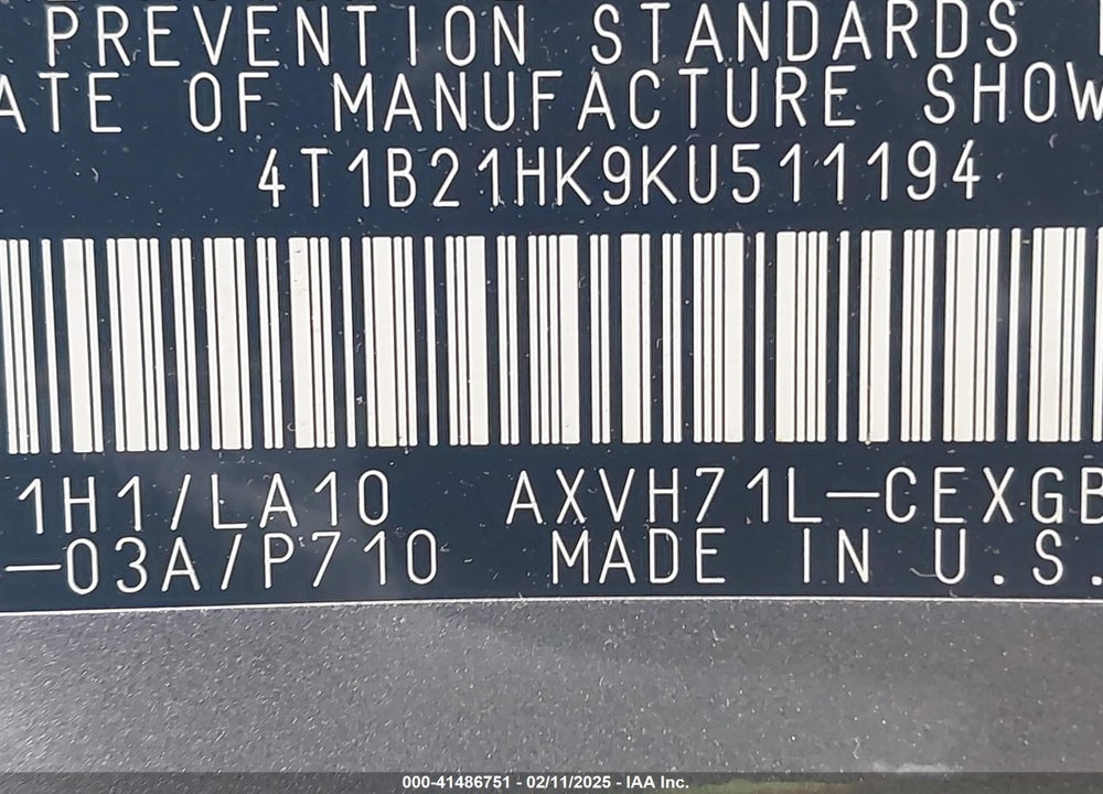 2019 TOYOTA CAMRY HYBRID VIN: 4T1B21HK9KU511194