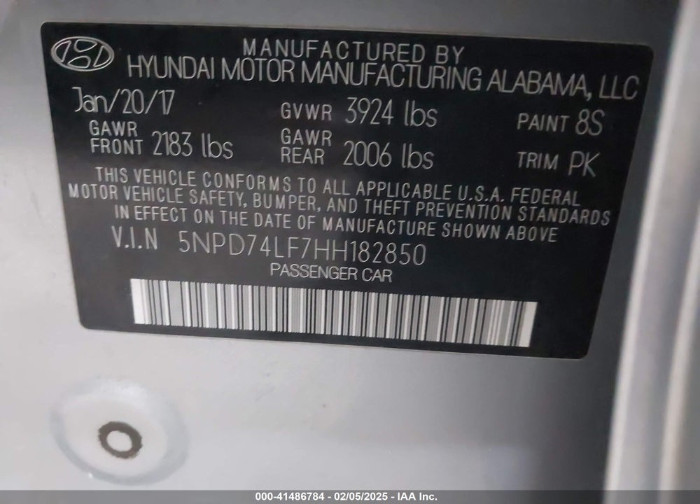 2017 HYUNDAI ELANTRA VIN: 5NPD74LF7HH182850