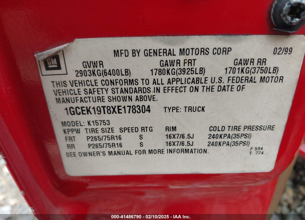 1999 CHEVROLET SILVERADO 1500 LT VIN: 1GCEK19T8XE178304