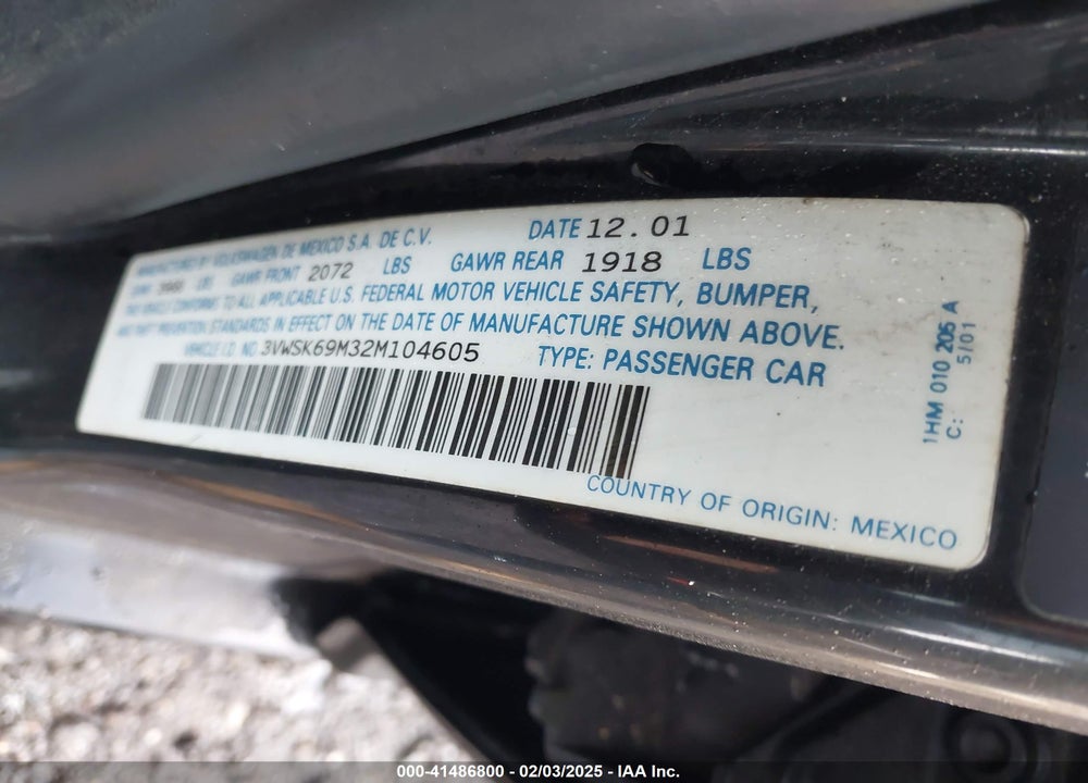 2002 VOLKSWAGEN JETTA VIN: 3VWSK69M32M104605