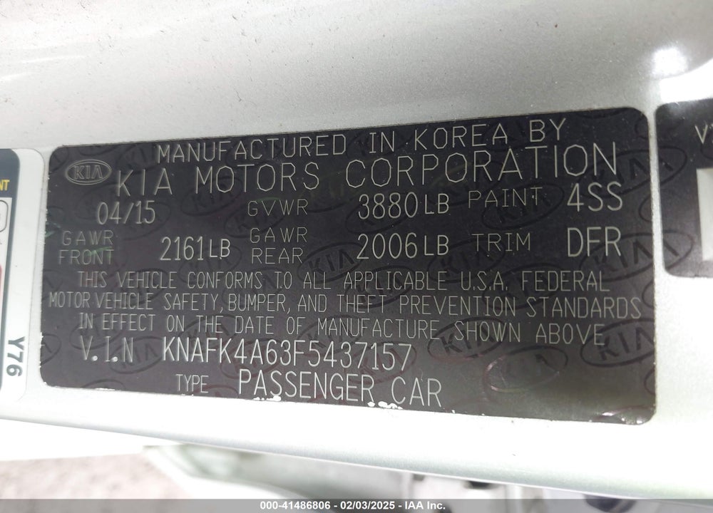2015 KIA FORTE VIN: KNAFK4A63F5437157
