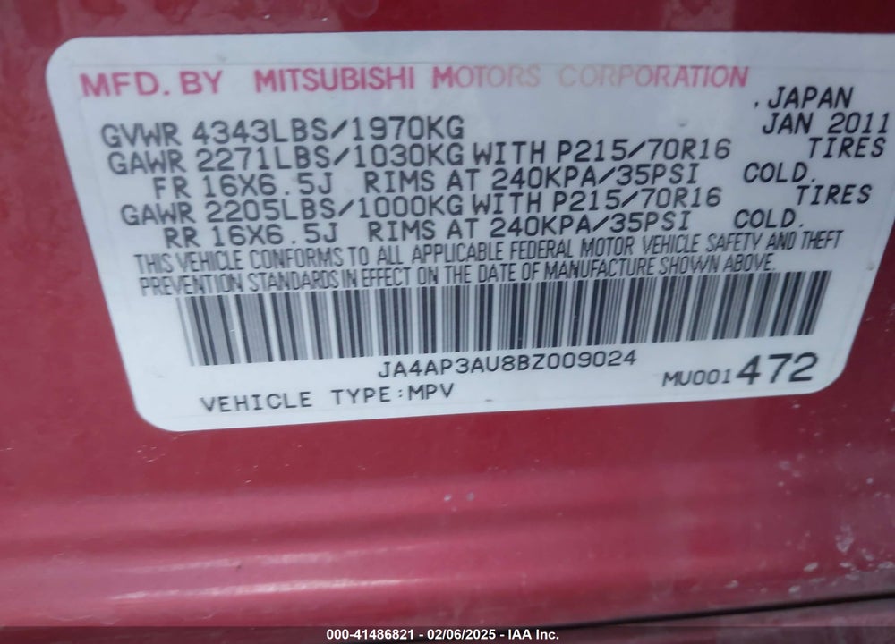 2011 MITSUBISHI OUTLANDER SPORT VIN: JA4AP3AU8BZ009024