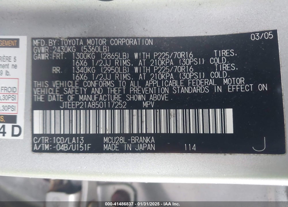 2005 TOYOTA HIGHLANDER V6 VIN: JTEEP21A850117252