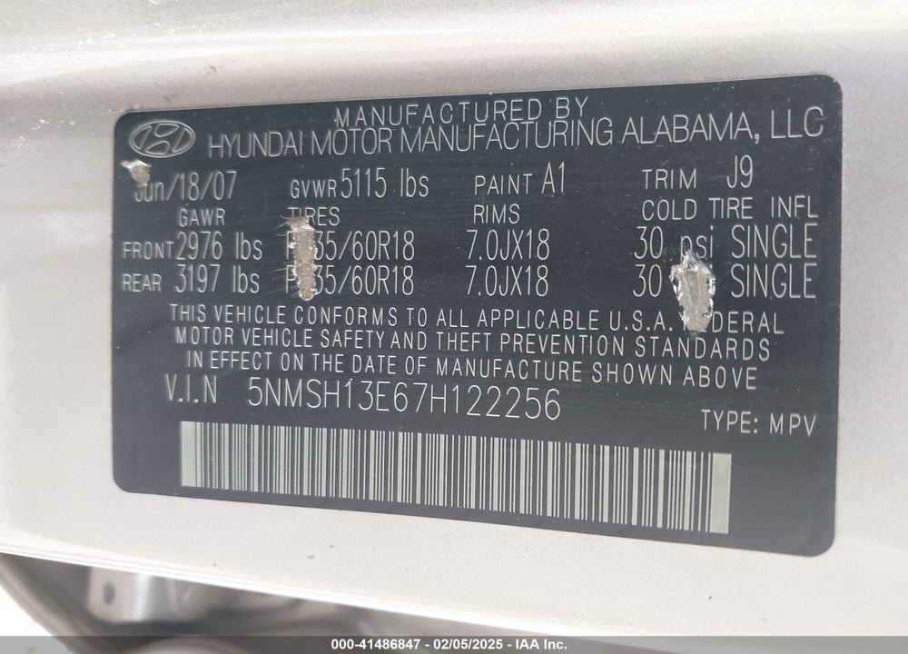 2007 HYUNDAI SANTA FE LIMITED/SE VIN: 5NMSH13E67H122256
