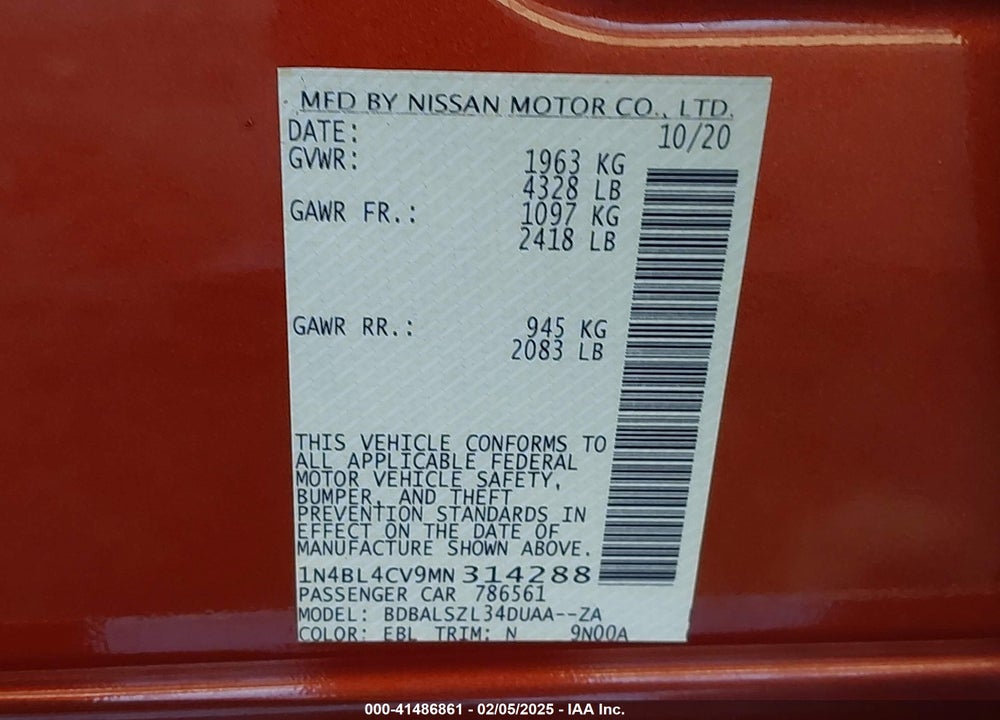 2021 NISSAN ALTIMA VIN: 1N4BL4CV9MN314288