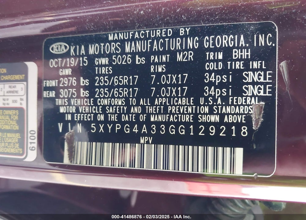 2016 KIA SORENTO 2.4L LX VIN: 5XYPG4A33GG129218