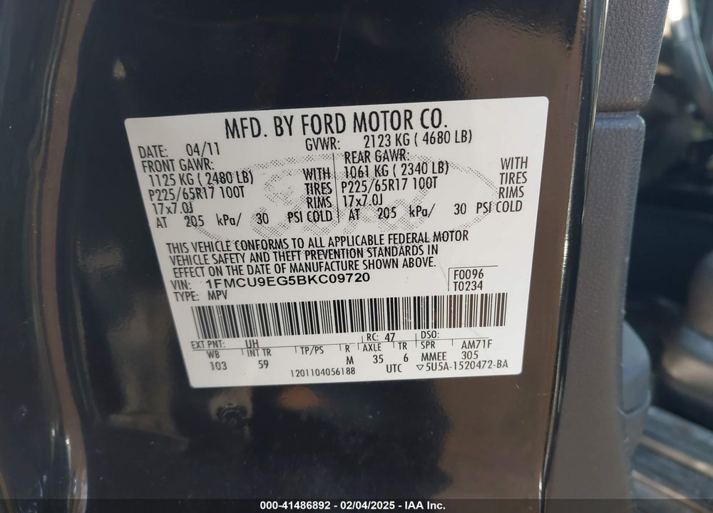 2011 FORD ESCAPE LIMITED VIN: 1FMCU9EG5BKC09720