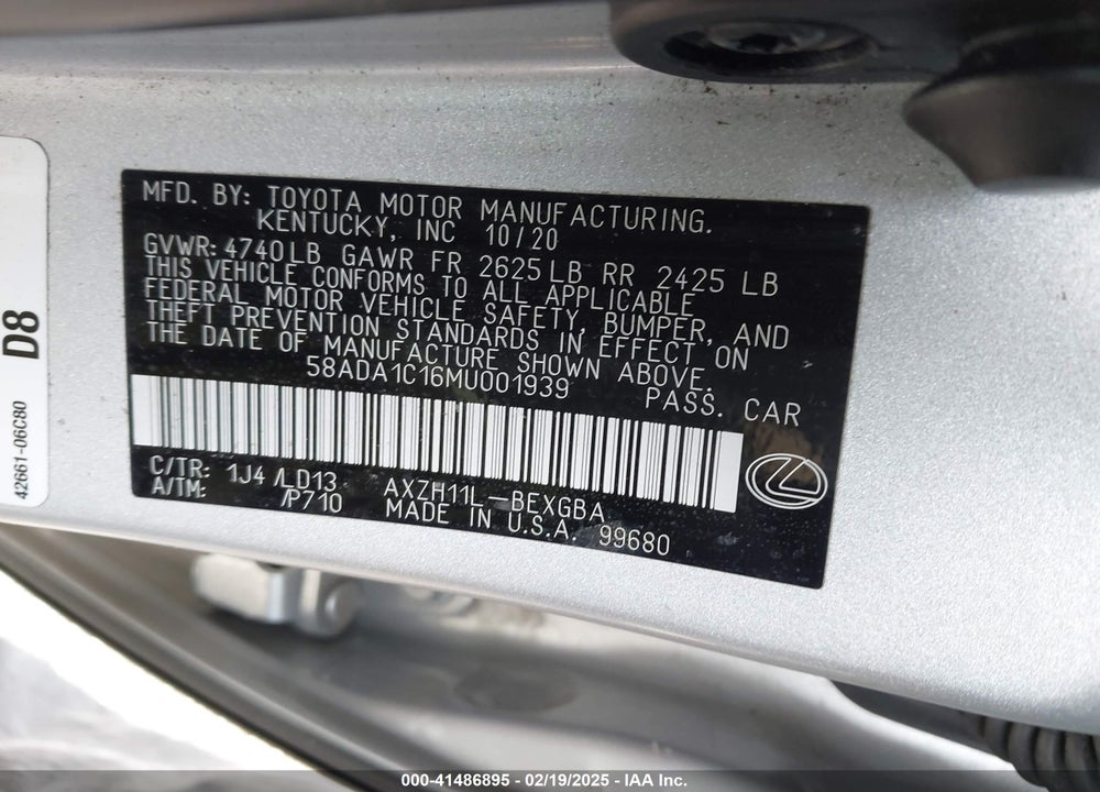 2021 LEXUS ES 300H VIN: 58ADA1C16MU001939