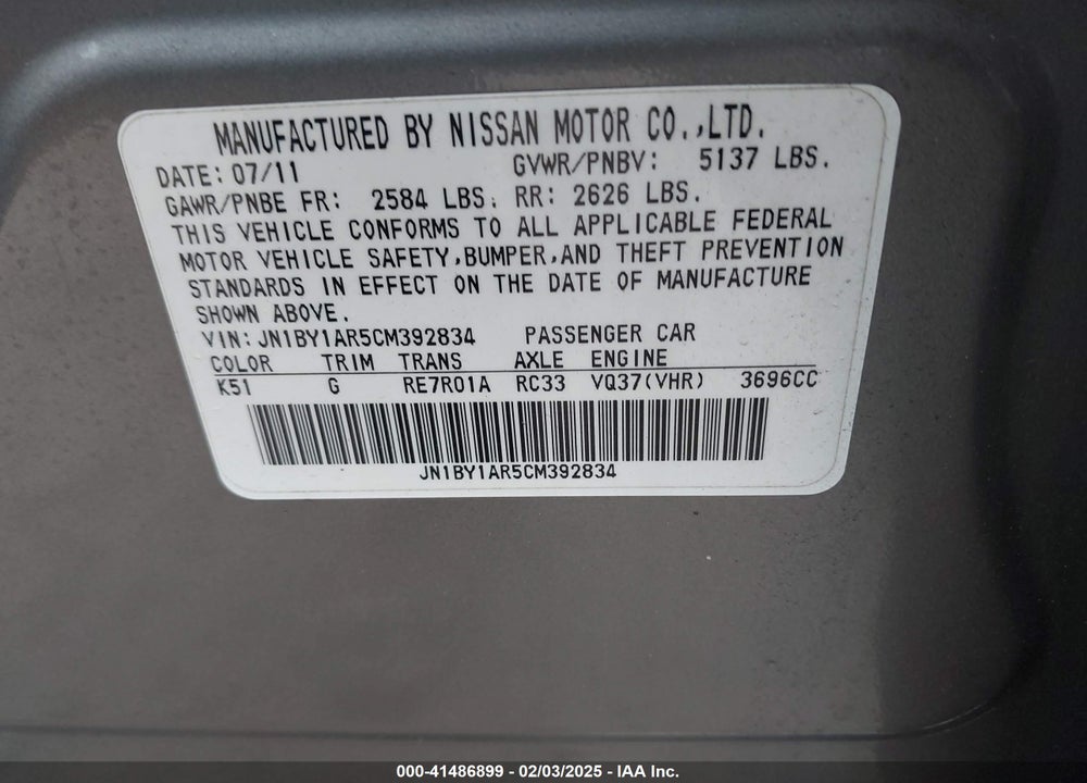 2012 INFINITI M37X VIN: JN1BY1AR5CM392834