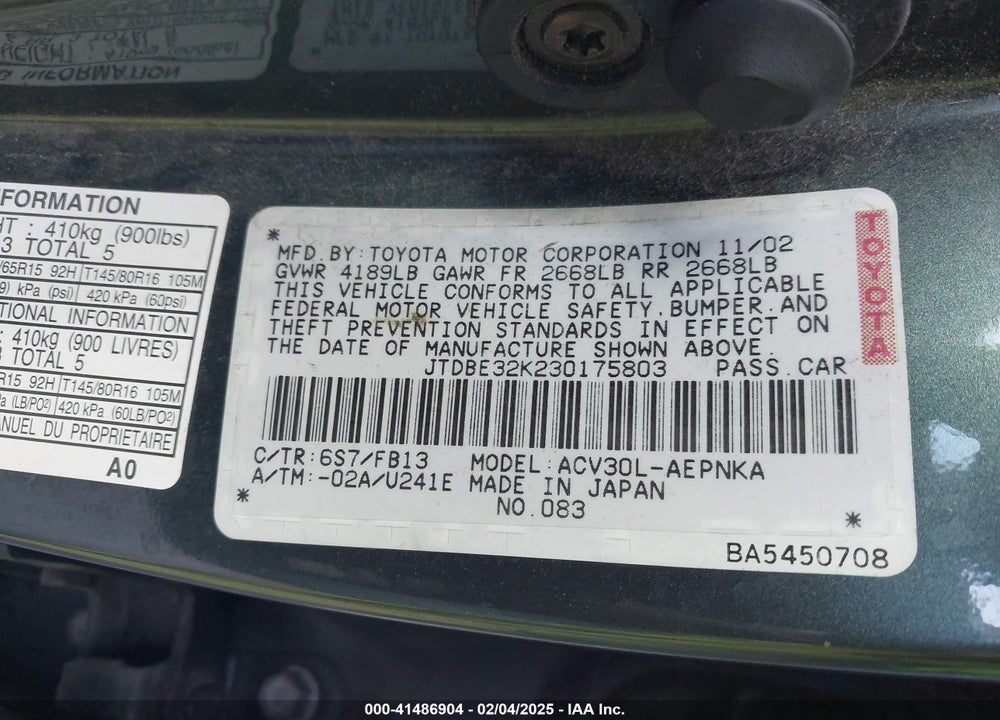 2003 TOYOTA CAMRY LE VIN: JTDBE32K230175803
