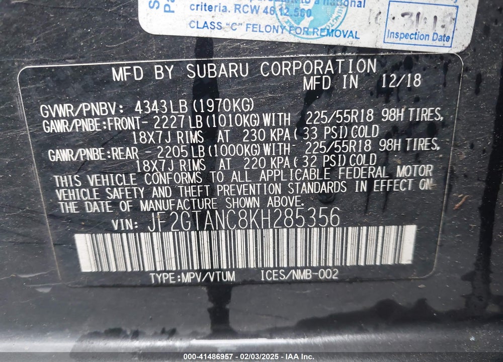 2019 SUBARU CROSSTREK VIN: JF2GTANC8KH285356