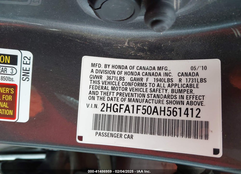 2010 HONDA CIVIC LX VIN: 2HGFA1F50AH561412