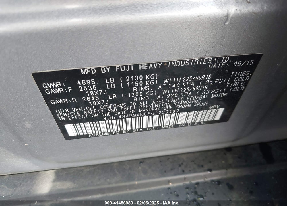 2016 SUBARU OUTBACK VIN: 4S4BSANC8G3230482