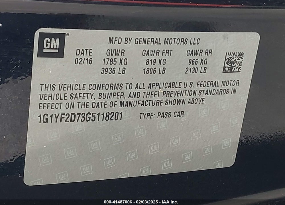 2016 CHEVROLET CORVETTE STINGRAY VIN: 1G1YF2D73G5118201
