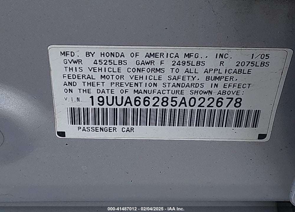 2005 ACURA TL VIN: 19UUA66285A022678