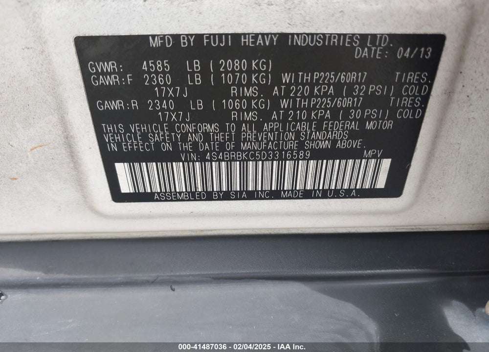 2013 SUBARU OUTBACK 2.5I LIMITED VIN: 4S4BRBKC5D3316589