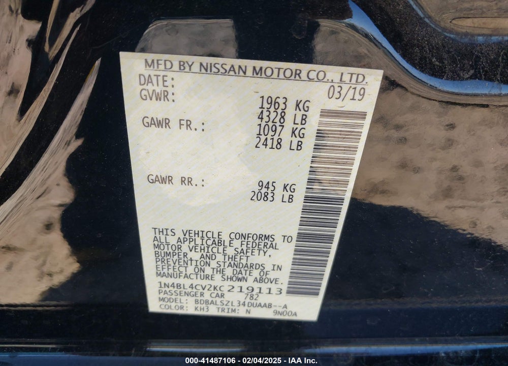 2019 NISSAN ALTIMA VIN: 1N4BL4CV2KC219113