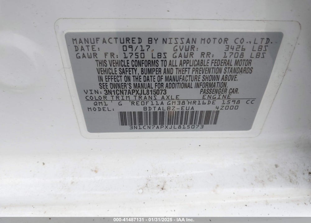 2018 NISSAN VERSA 1.6 SV VIN: 3N1CN7APXJL815073